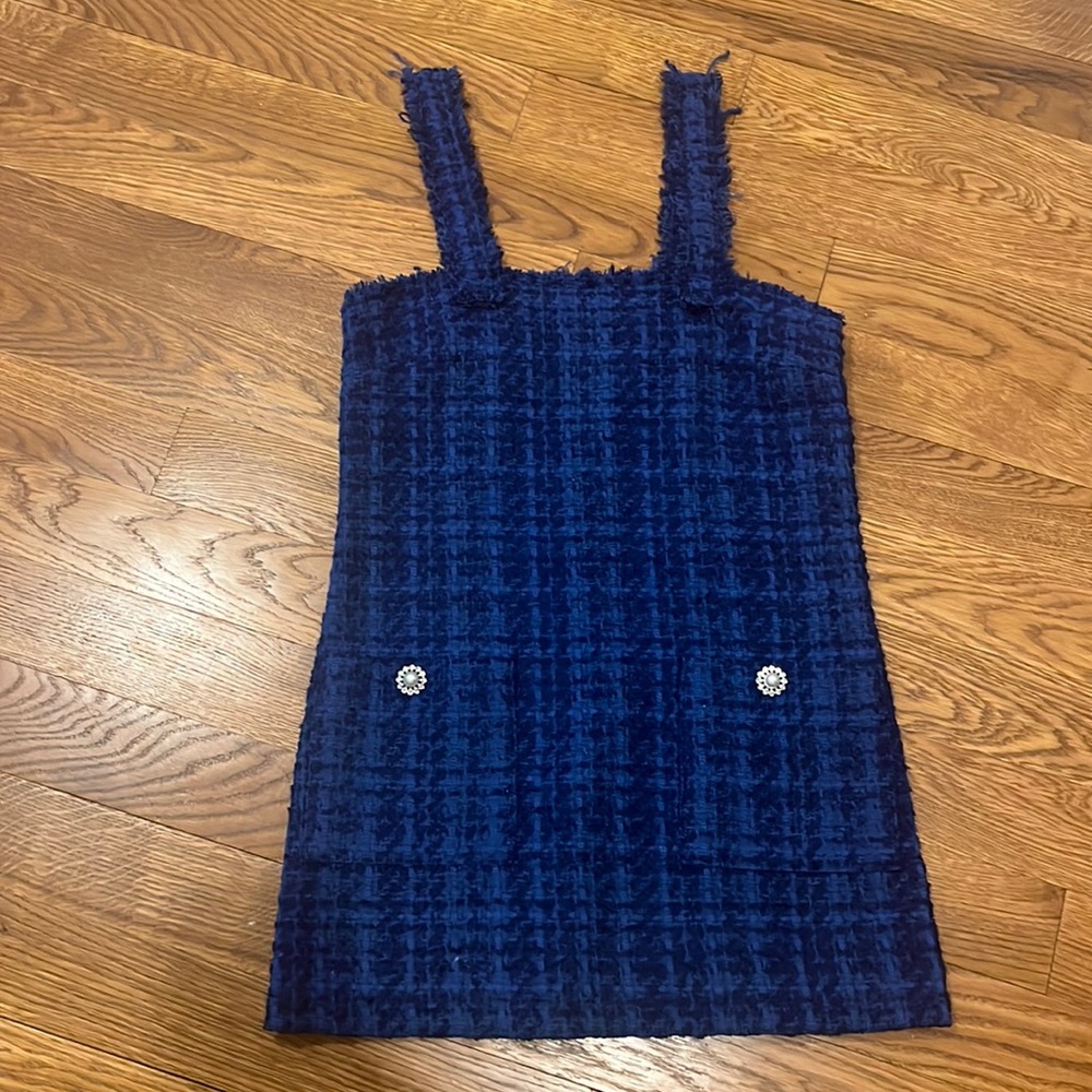 ZARA TWEED BLUE OVERALL JUMPER DIAMOND JEWEL DRESS SZ XS